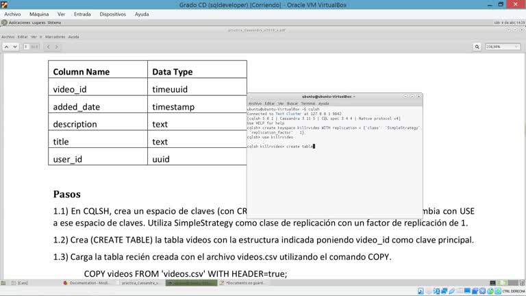 inicio de la práctica con Cassandra